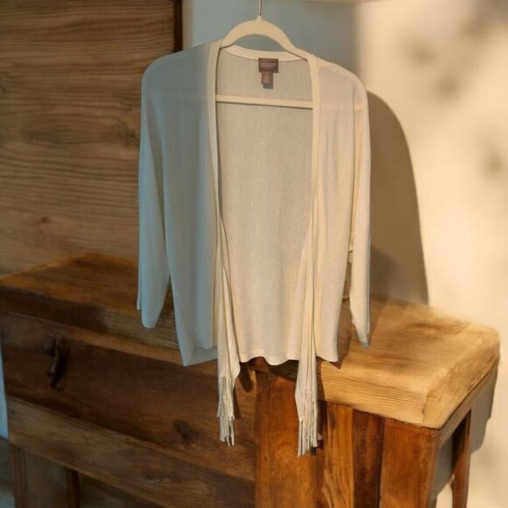 Chico's‎ Cream Fringe Hem Open Front Cardigan Boho Chic Lightweight Sweater sz 1